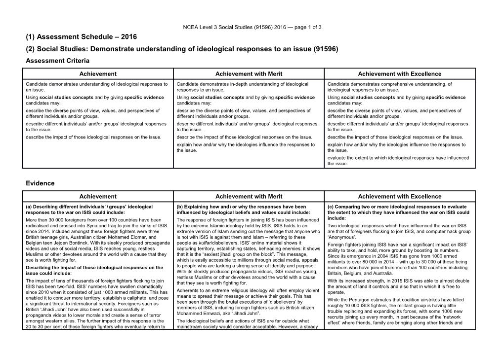 NCEA Level 3 Social Studies (91596) 2016 Assessment Schedule