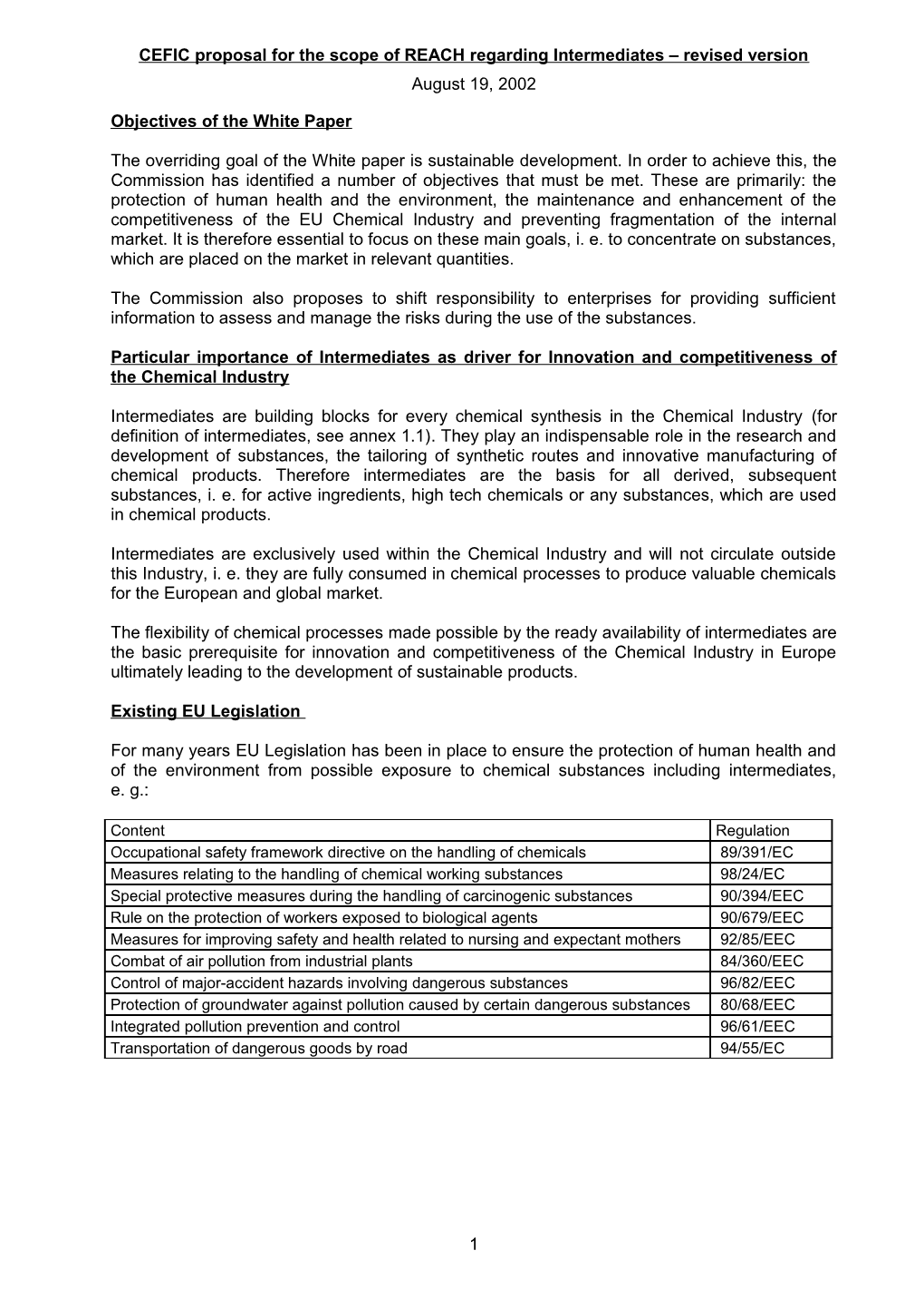 CEFIC Proposal for the Scope of REACH Regarding Intermediates Revised Version