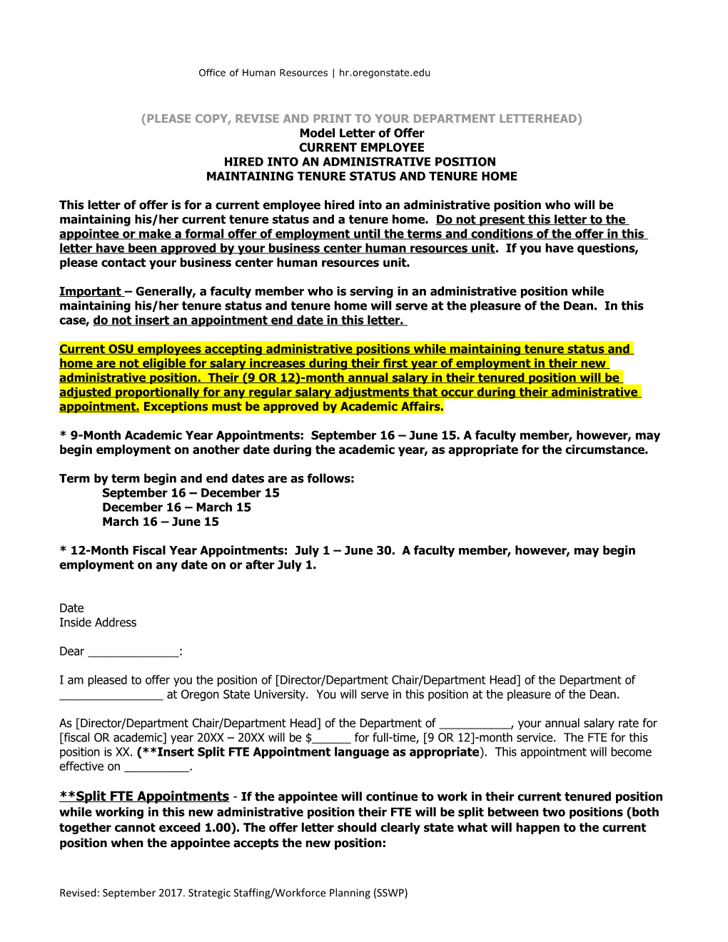 Sample Letter of Offer for Current Employee Hired Into Admin Position - Maintaining Tenure