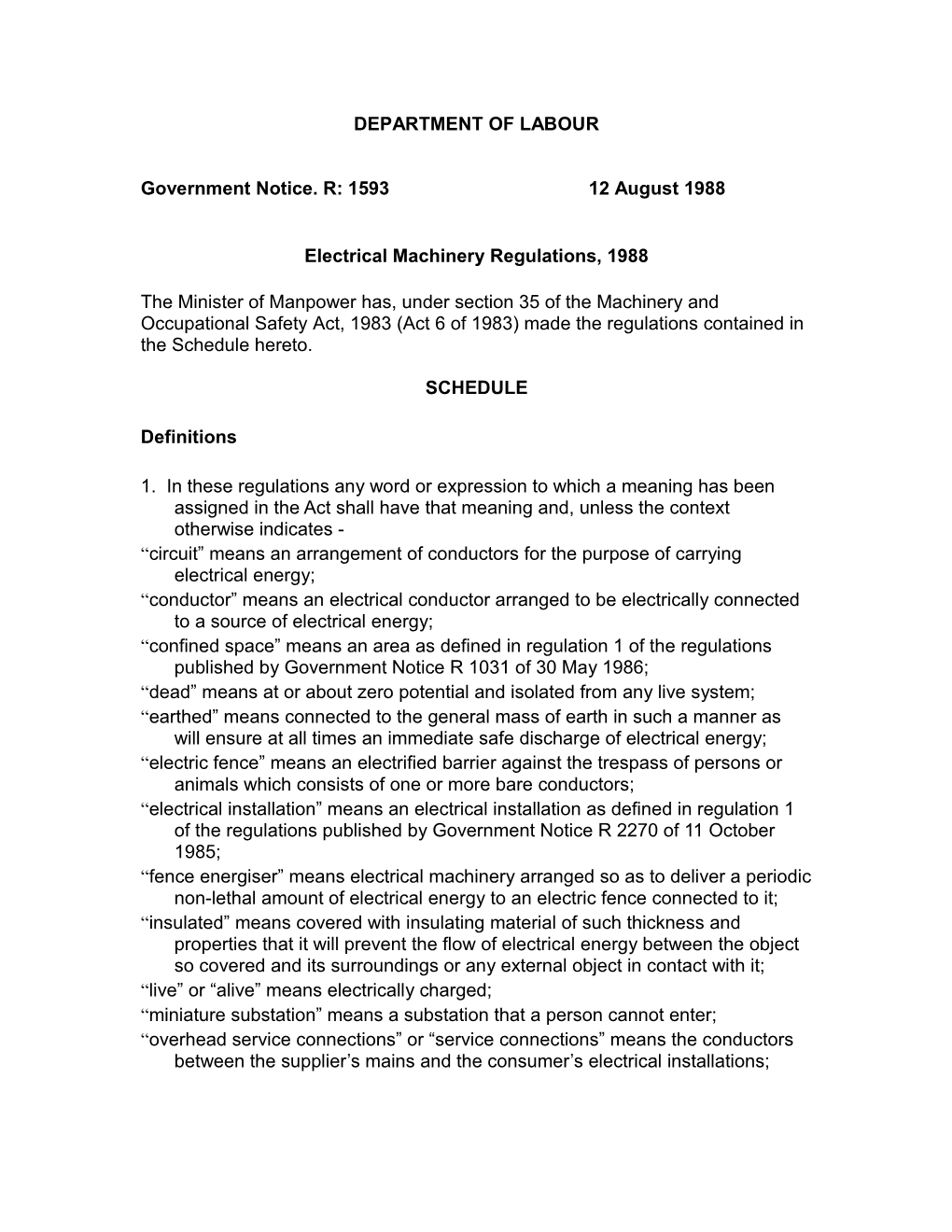 Electrical Machinery Regulations, 1988