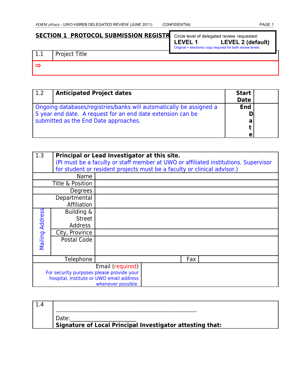 Section 1 Protocol Submission Registration