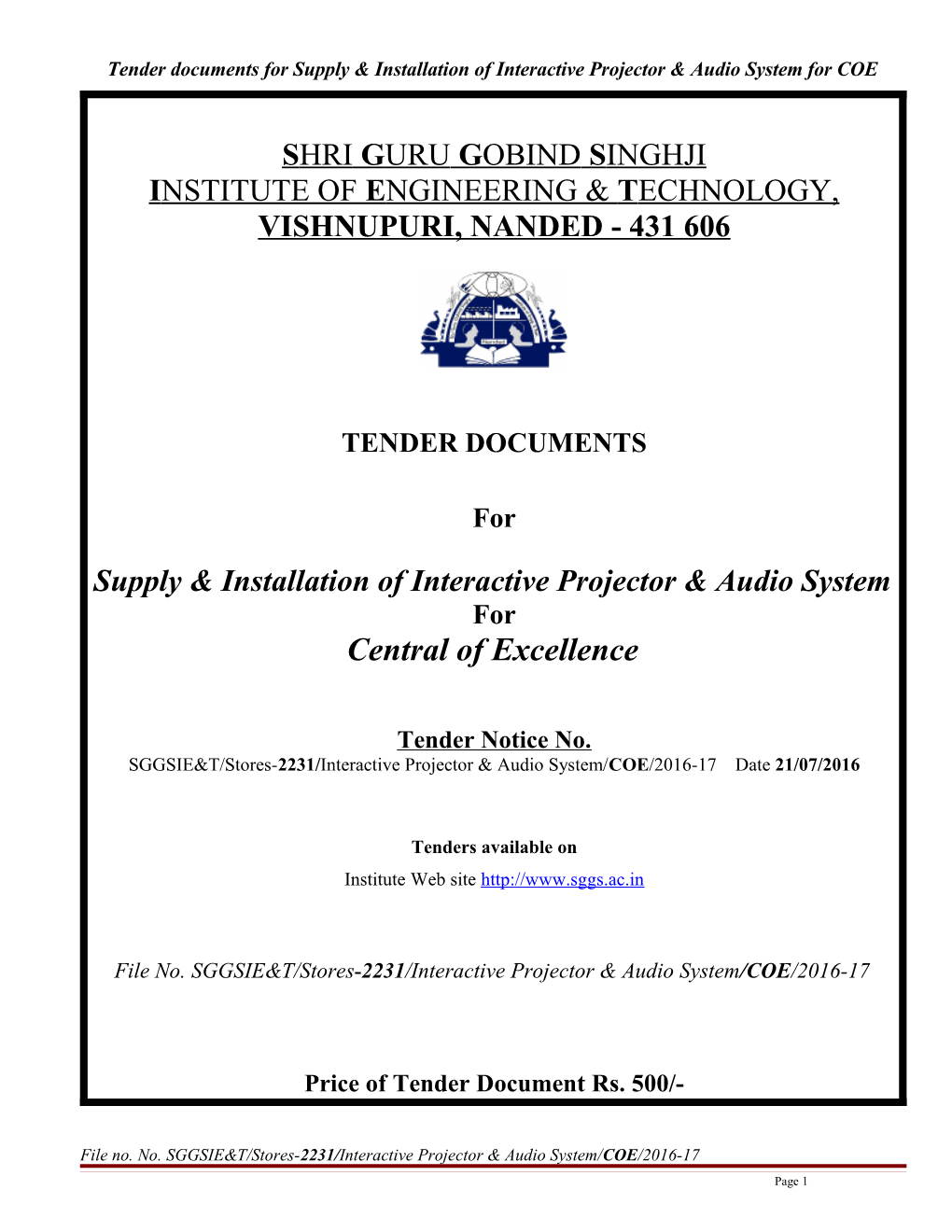 Tender Documents for Supply & Installation of Interactive Projector & Audio System for COE