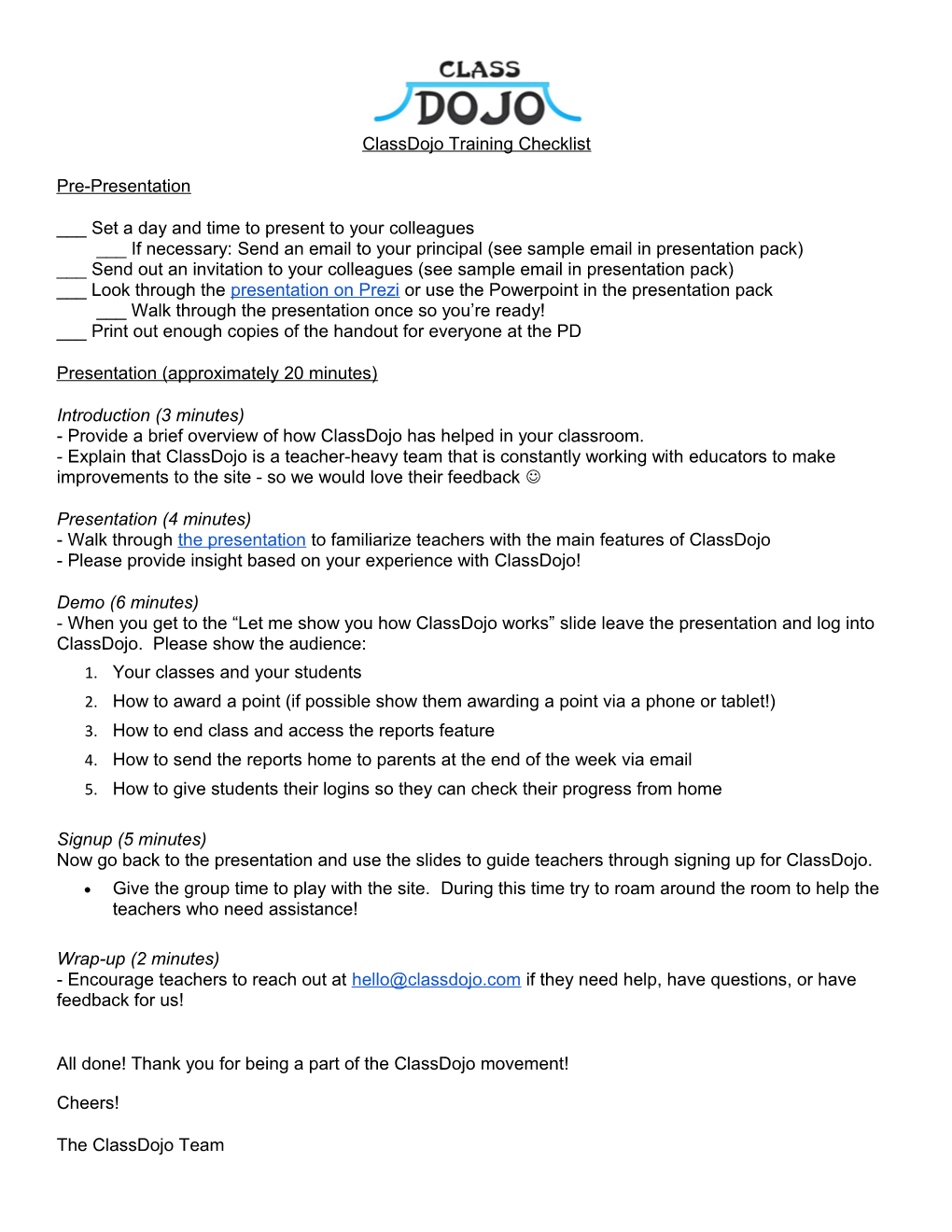 Classdojo Training Checklist