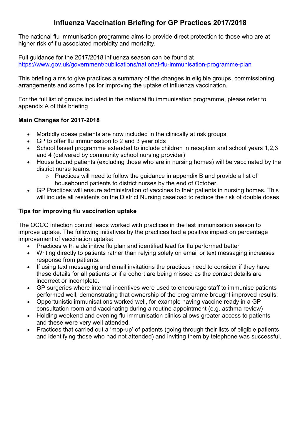 Influenza Vaccination Briefing for GP Practices 2017/2018