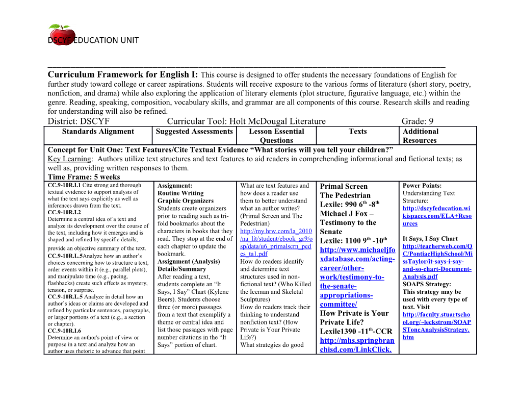 District: DSCYF Curricular Tool: Holt Mcdougal Literature Grade: 9