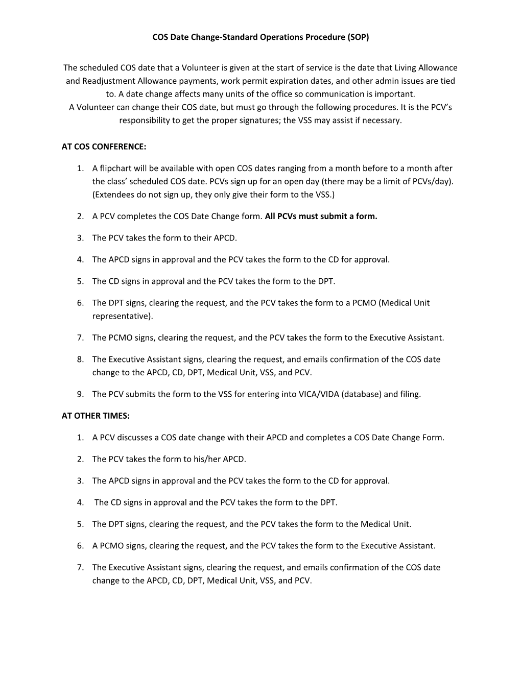 COS Date Change-Standard Operations Procedure (SOP)