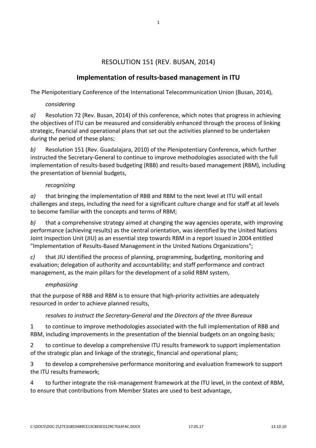 Implementation of Results-Based Management in ITU