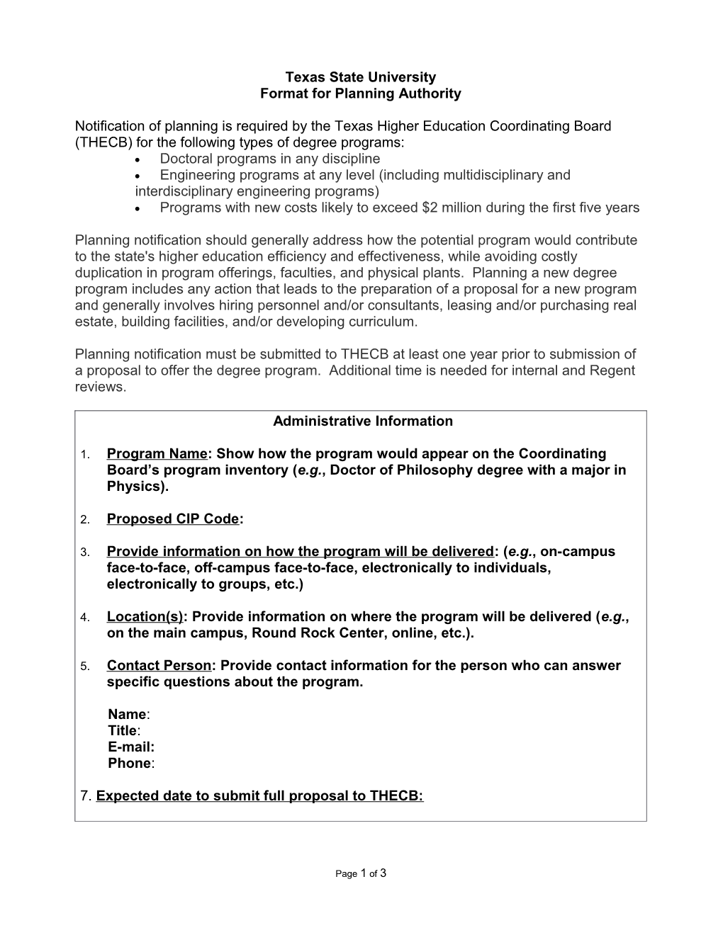 Format for Planning Authority