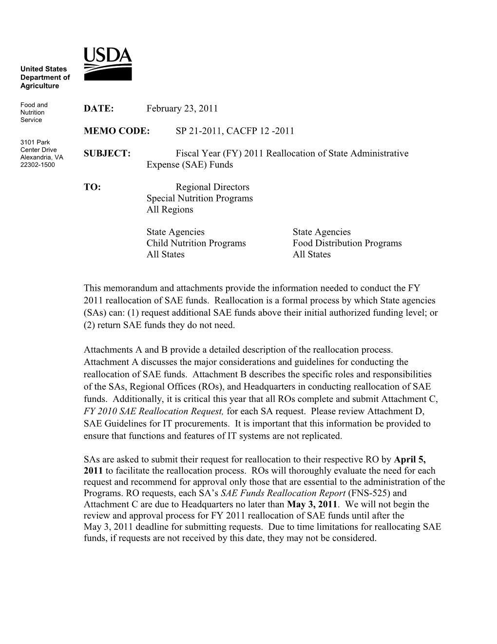 SP 21-2011, CACFP 12 -2011:FY 2011 Reallocation of SAE Funds