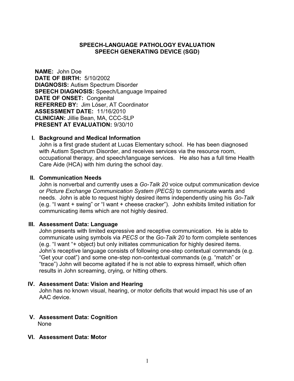 Speech-Language Pathology Evaluation