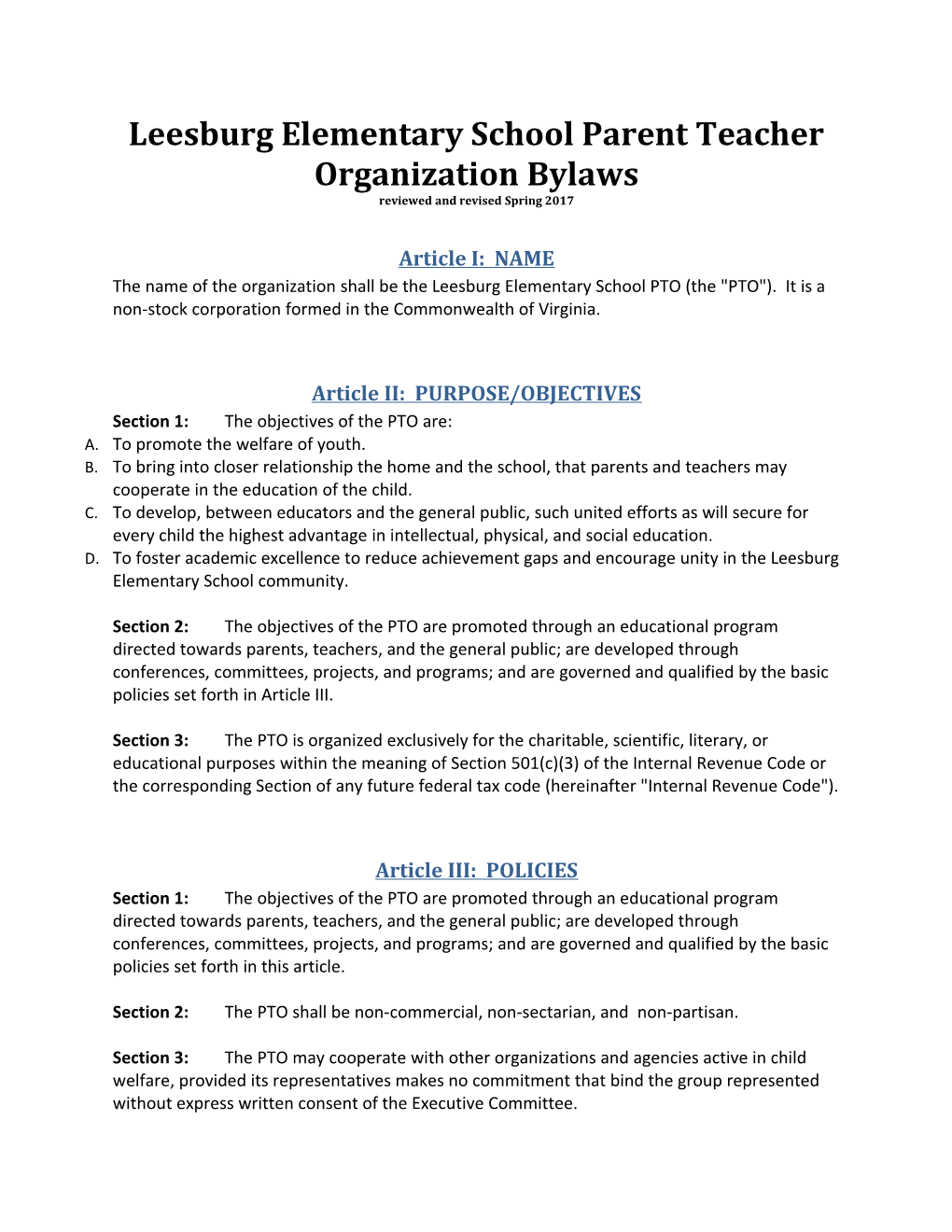 Leesburg Elementary School Parent Teacher Organization Bylaws