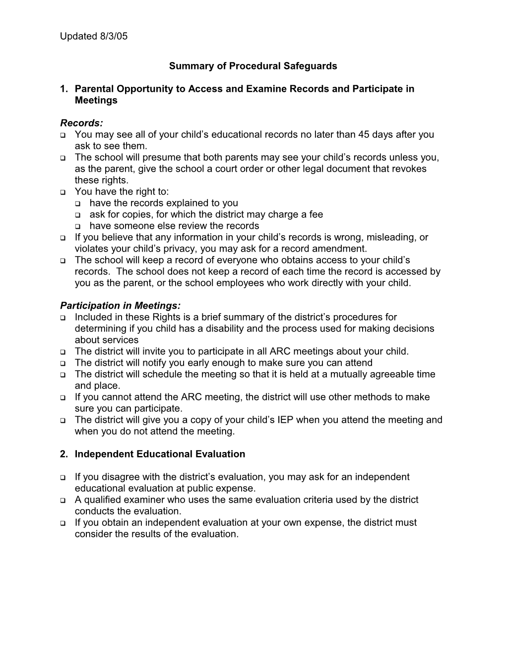 Summary of Procedural Safeguards