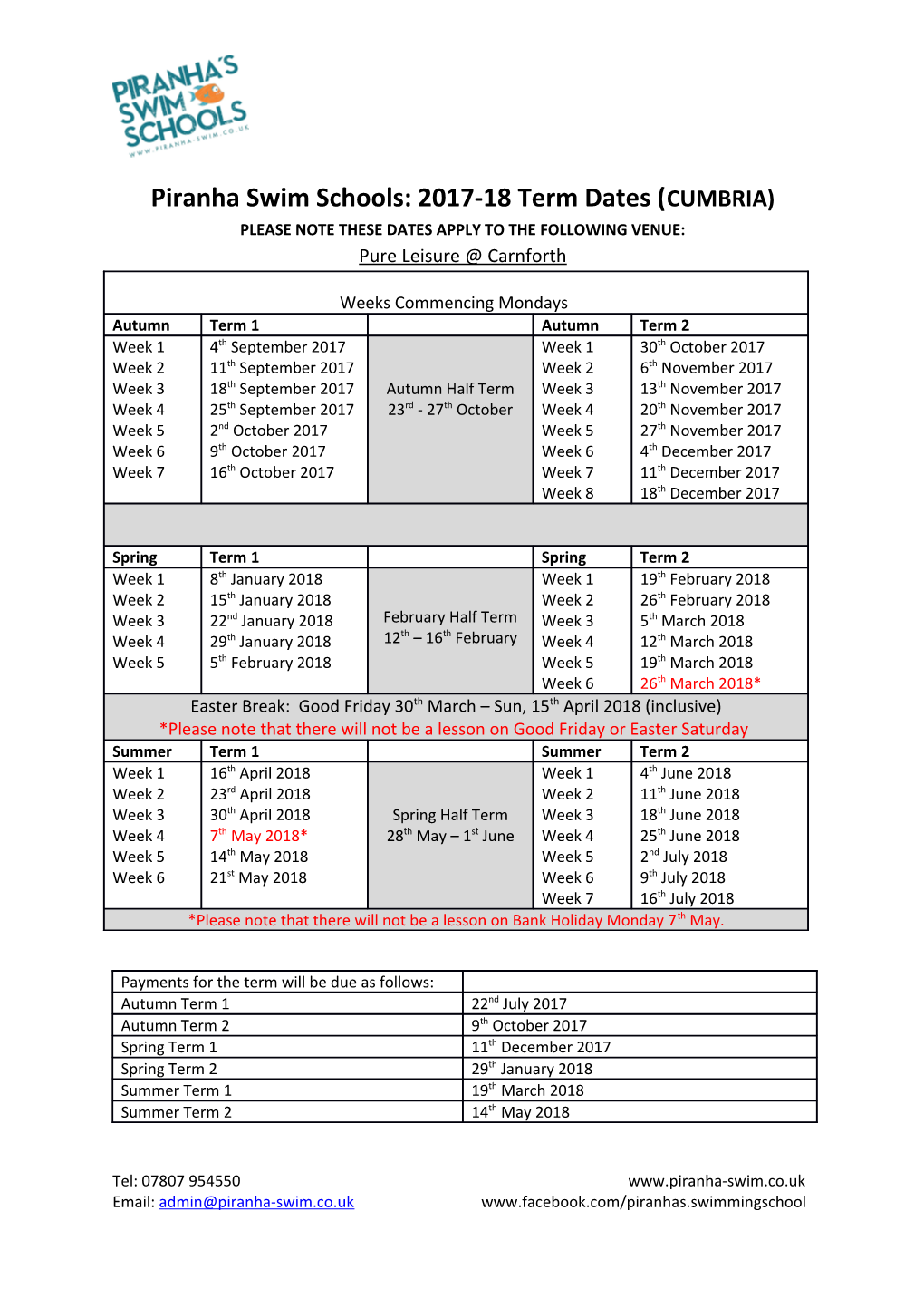 Piranha Swim Schools: 2017-18 Term Dates (CUMBRIA)