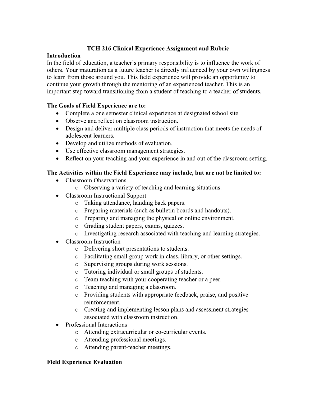 TCH 216 Clinical Experience Assignment and Rubric