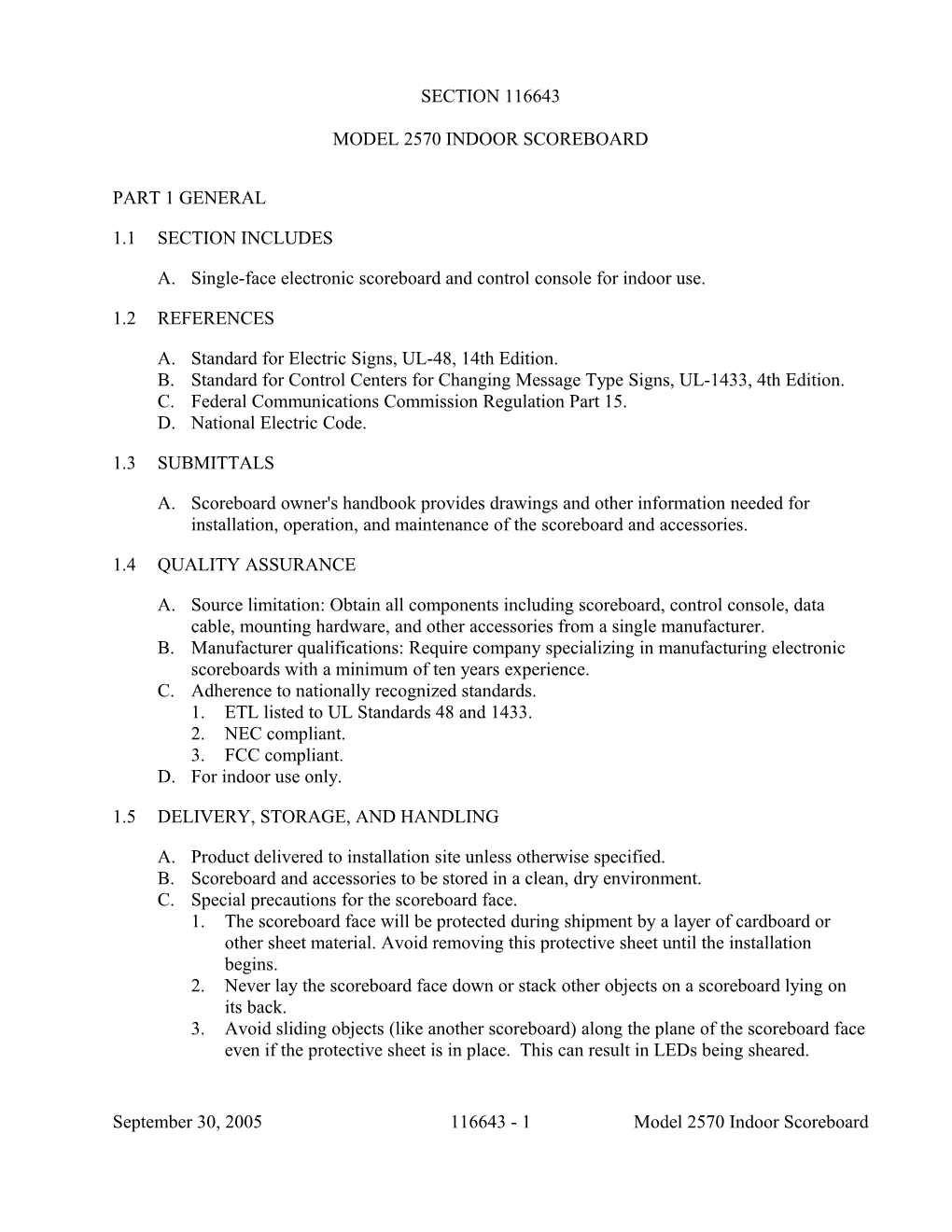 CSI Specifications for Model 2570 Indoor Scoreboard