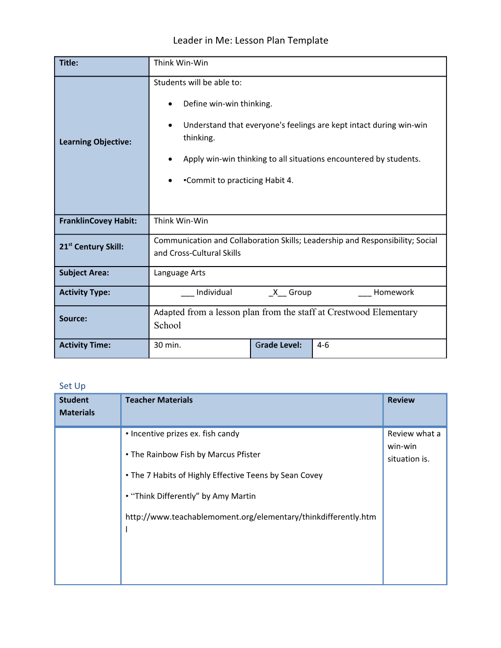 Leader in Me: Lesson Plan Template