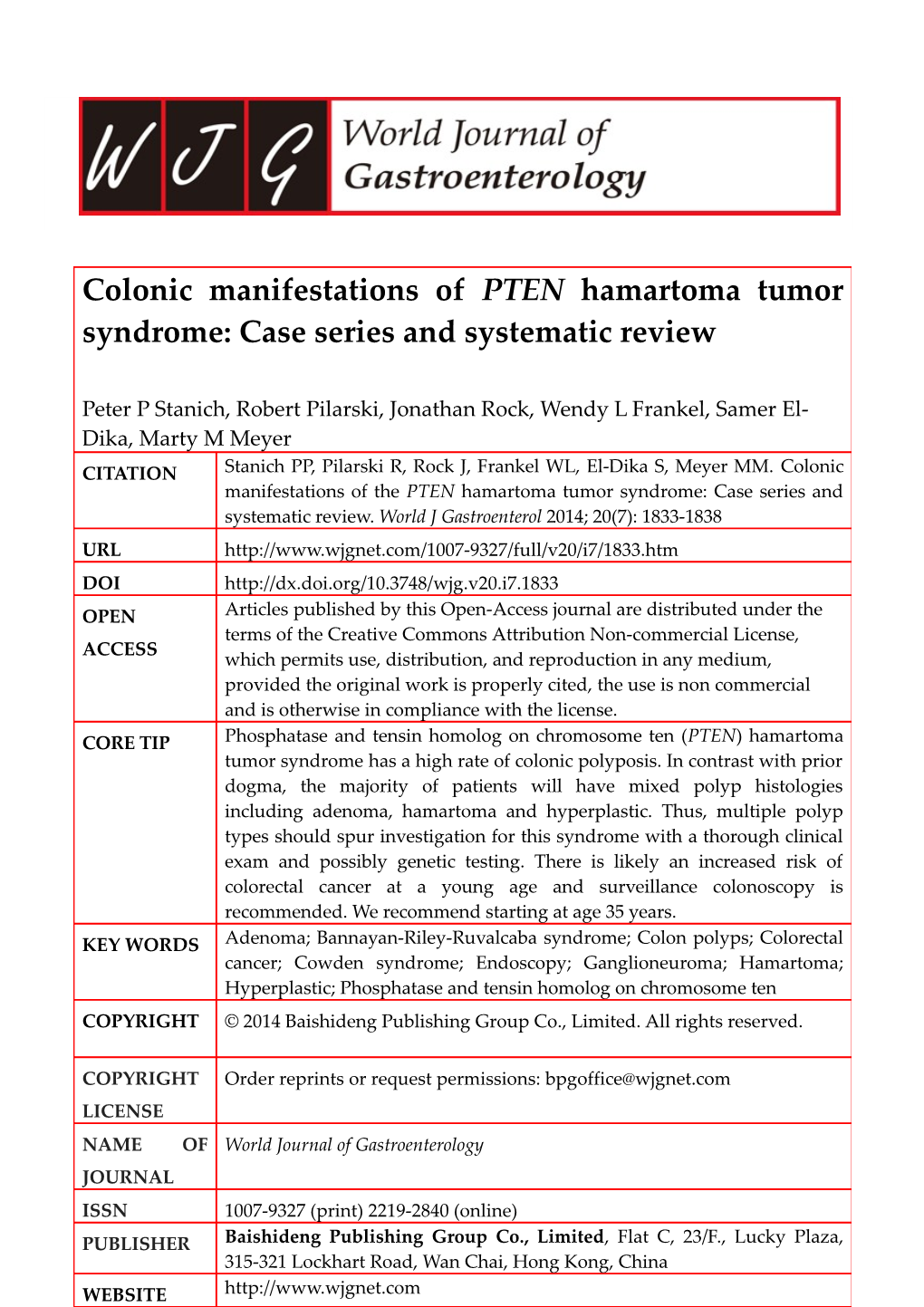 Name of Journal: World Journal of Gastroenterology s1