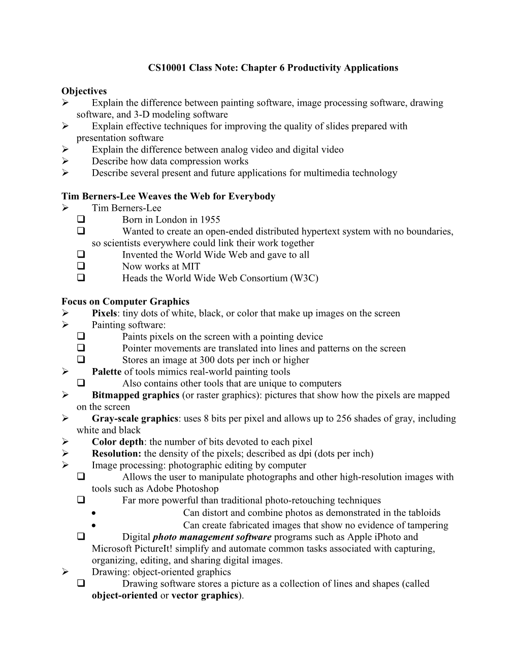 CS10001 Class Note: Chapter 6 Productivity Applications