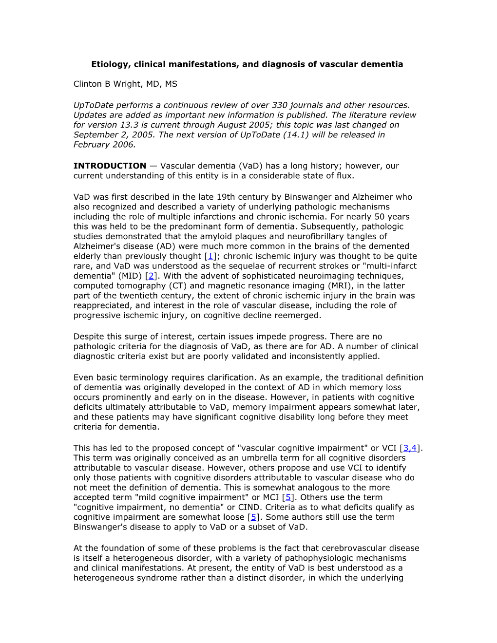 Etiology, Clinical Manifestations, and Diagnosis of Vascular Dementia