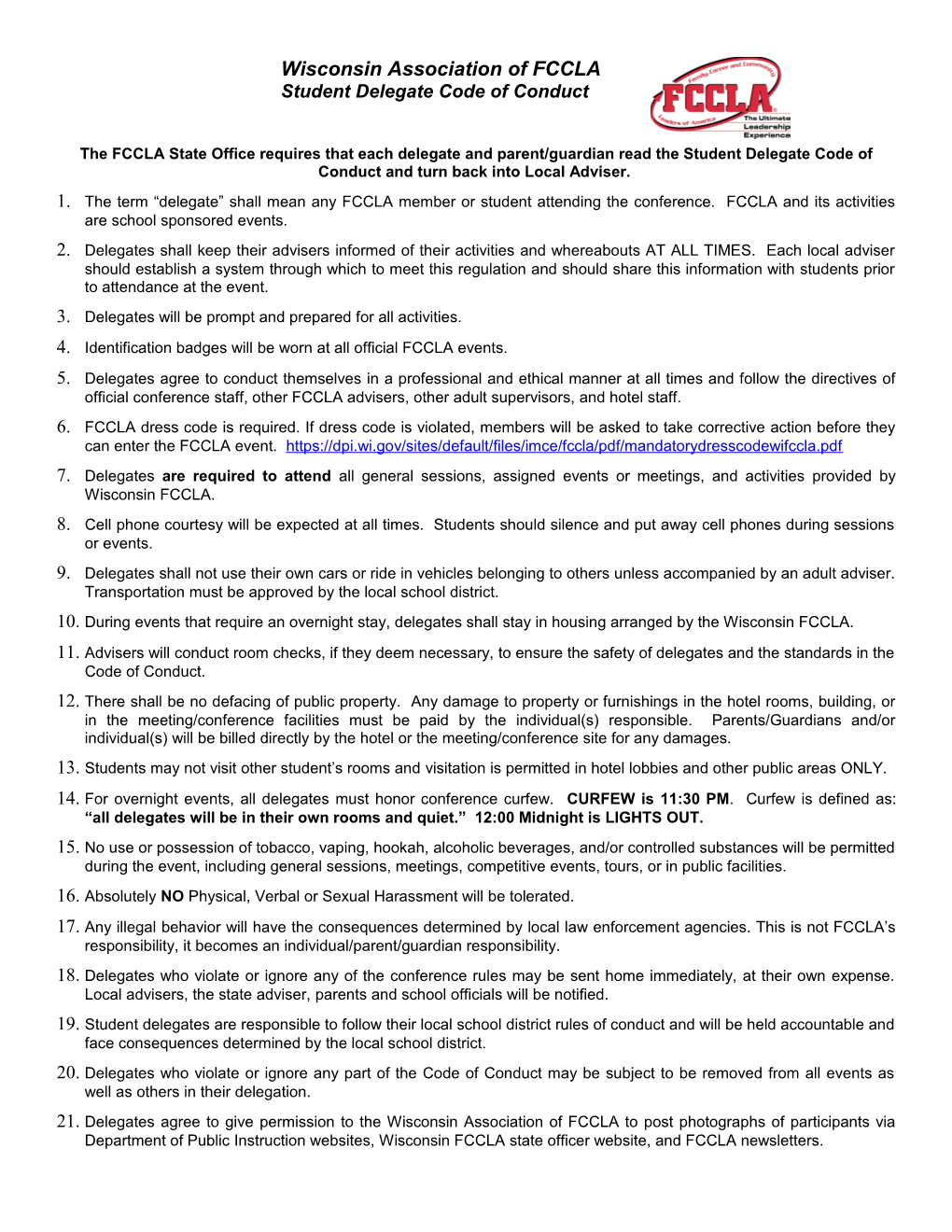 Wisconsin FCCLA Code of Conduct Forms