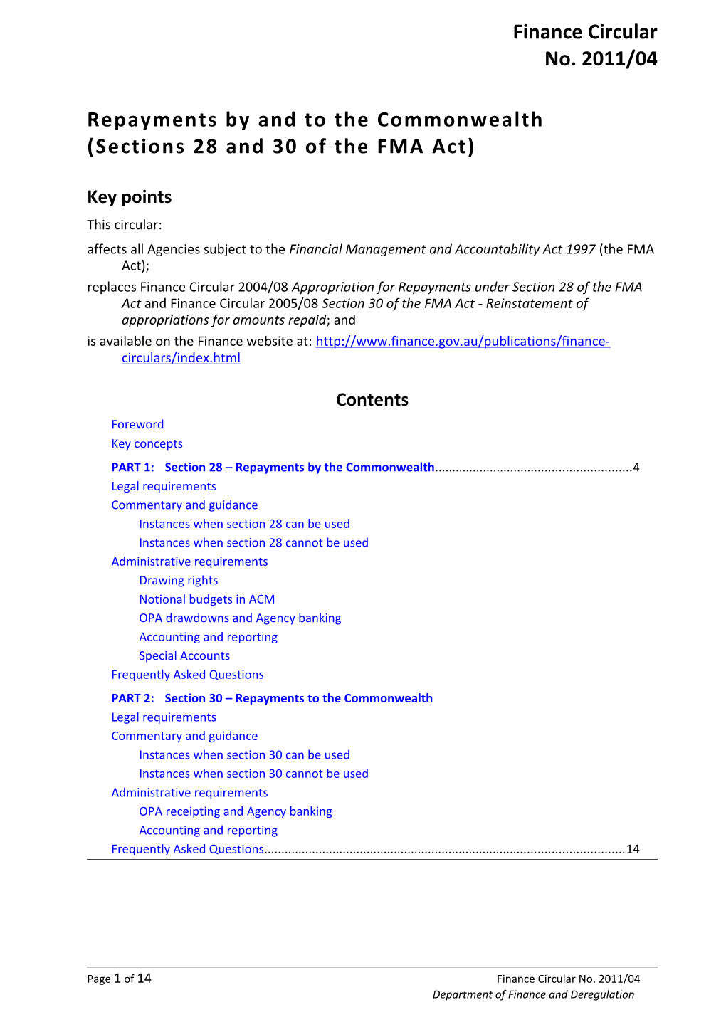 Repayments by and to the Commonwealth (Sections 28 and 30 of the FMA Act)