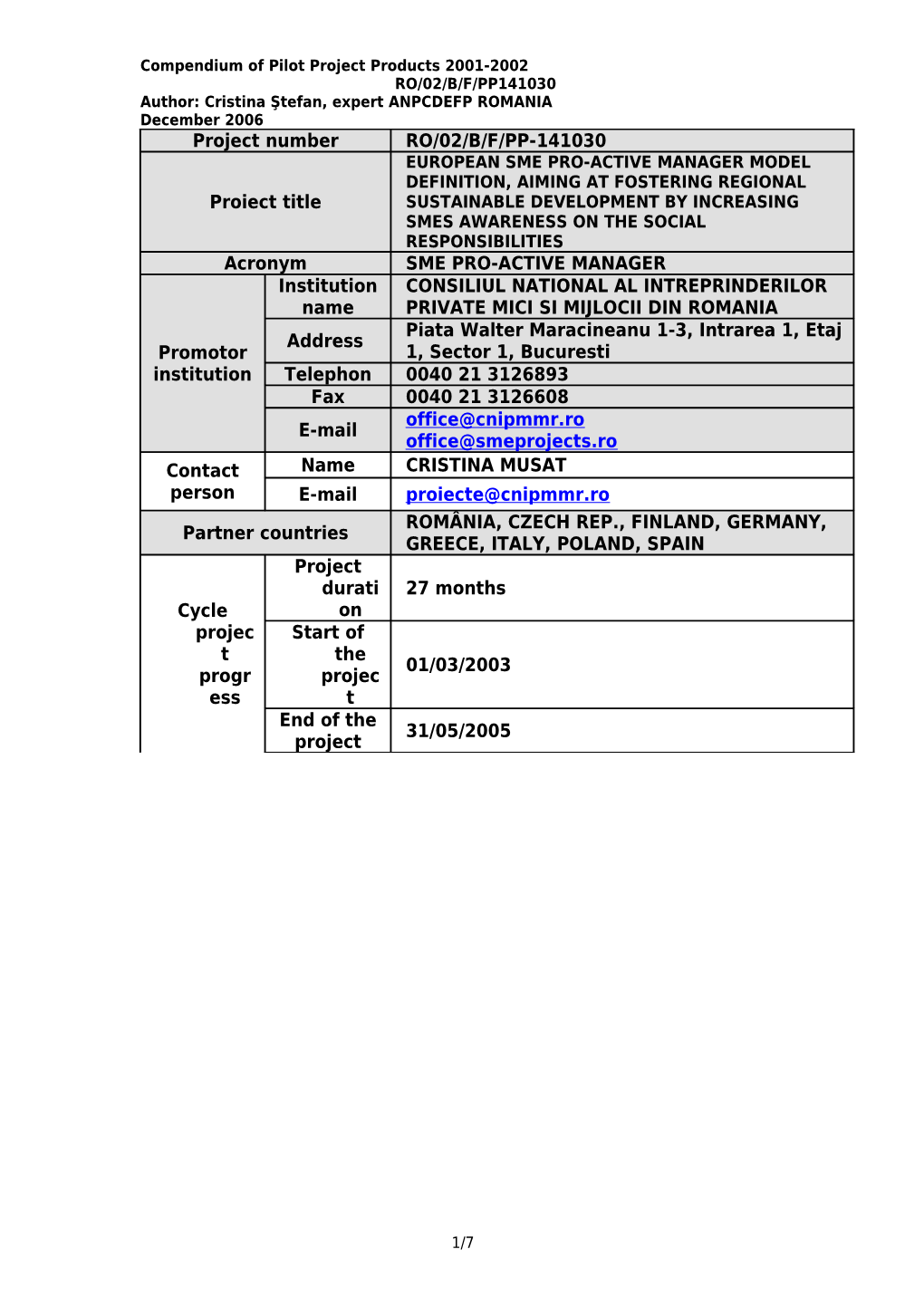 Compendium of Pilot Project Products 2001-2002 RO/02/B/F/PP141030