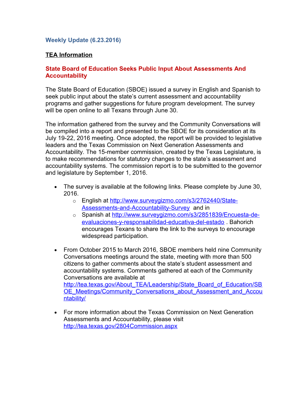 State Board of Education Seeks Public Input About Assessments and Accountability