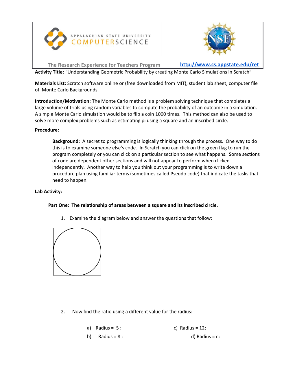 Activity Title: Understanding Geometric Probability by Creating Monte Carlo Simulations