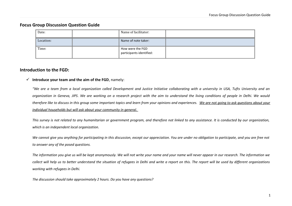 Focus Group Discussion Question Guide