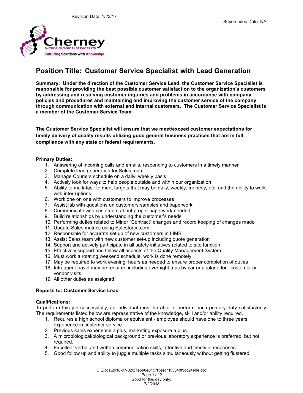 Position Title: Customer Service Specialist with Lead Generation