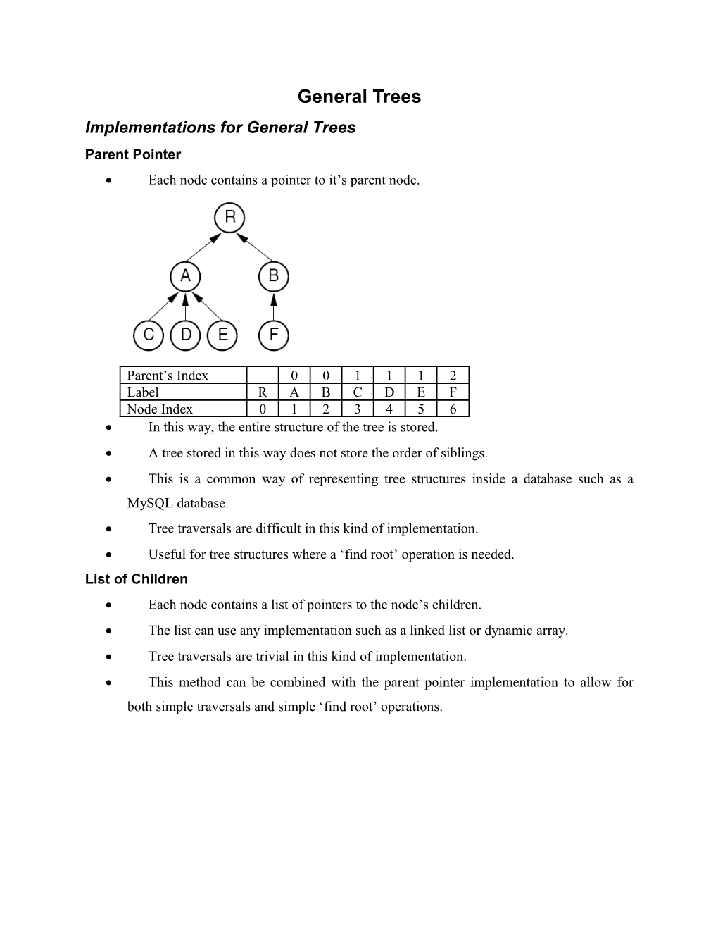 Implementations for General Trees