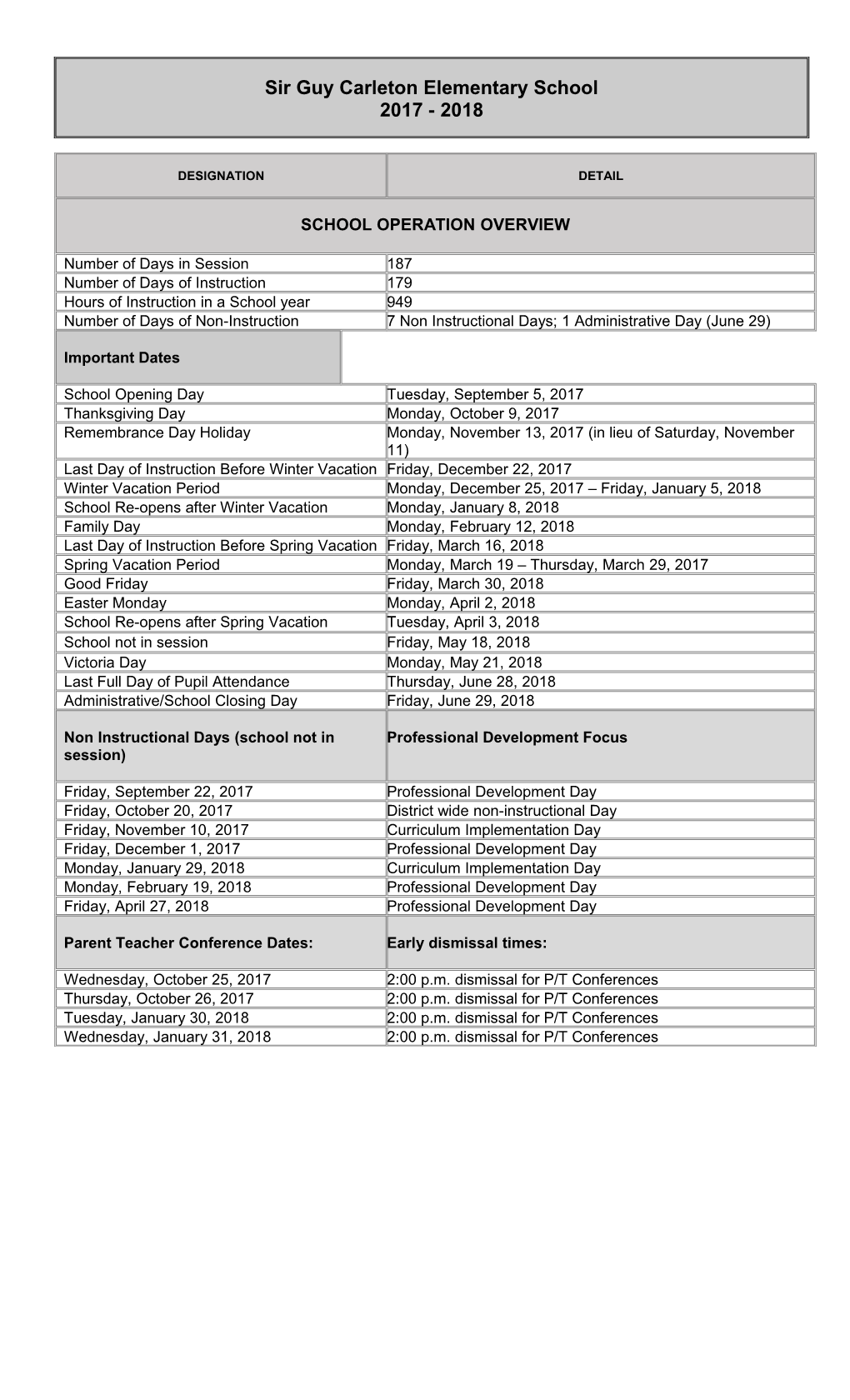 Carleton School Calendar 2017/2018