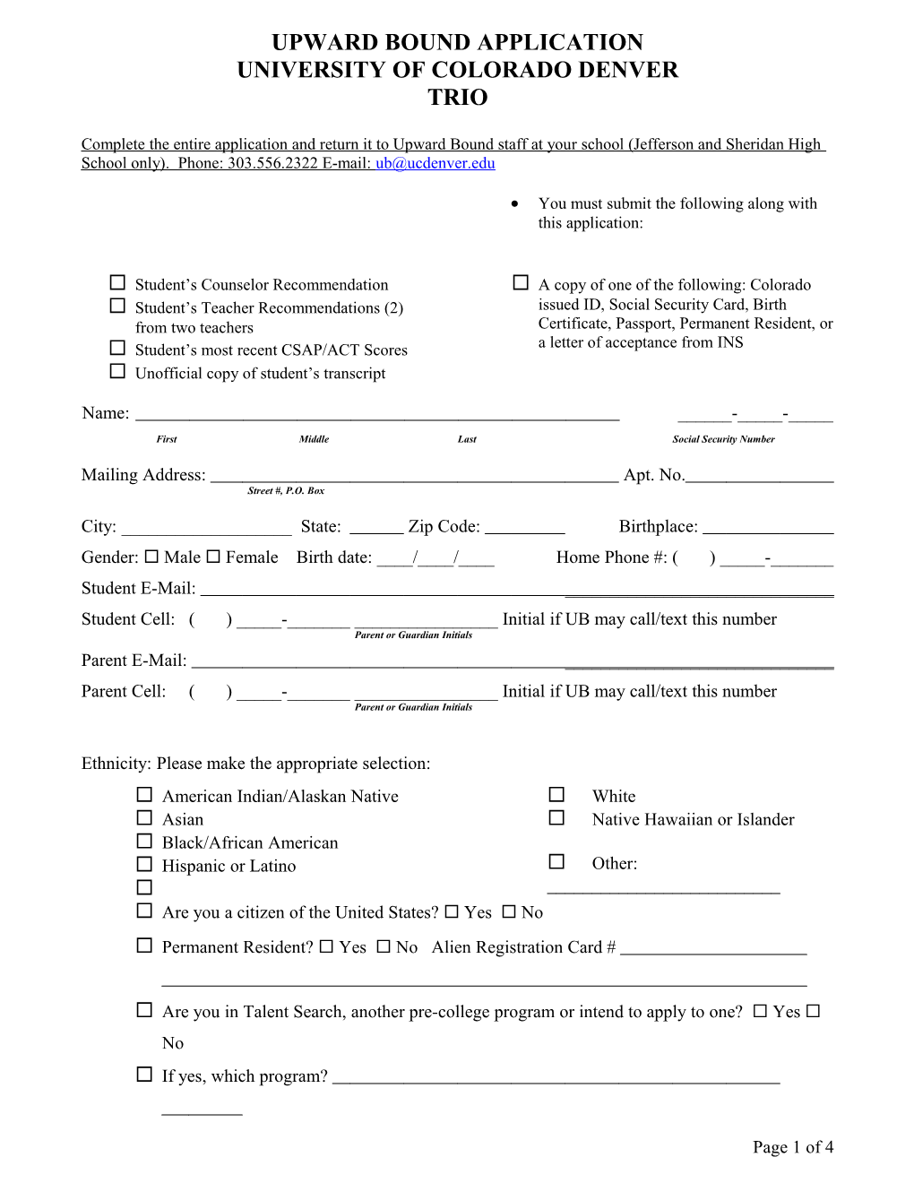 Upward Bound APPLICATION