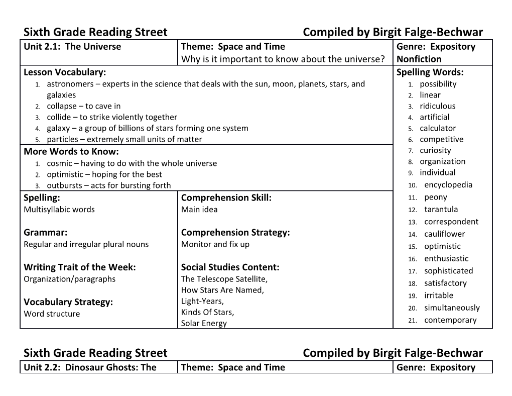 Sixth Grade Reading Street Compiled by Birgit Falge-Bechwar