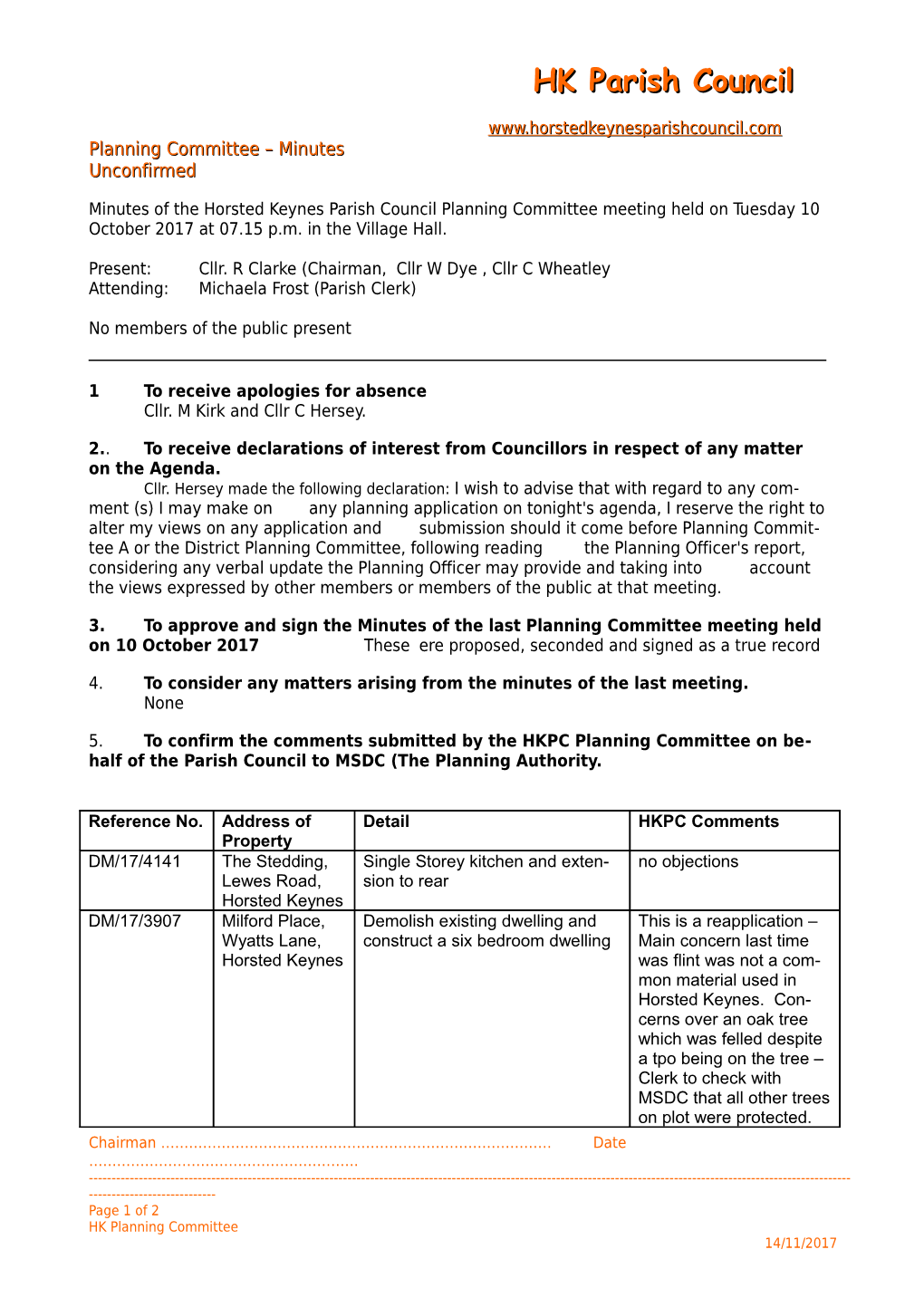 Minutes of the Horsted Keynes Parish Council Planning Committee Meeting Held on Tuesday