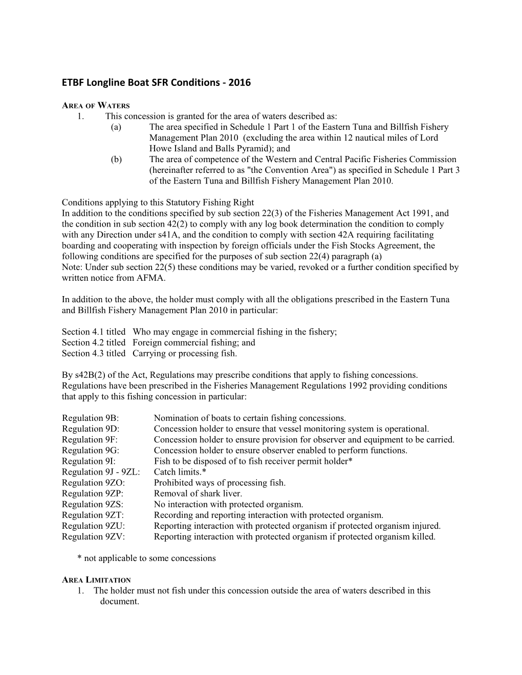 ETBF Longline Boat SFR Conditions - 2016