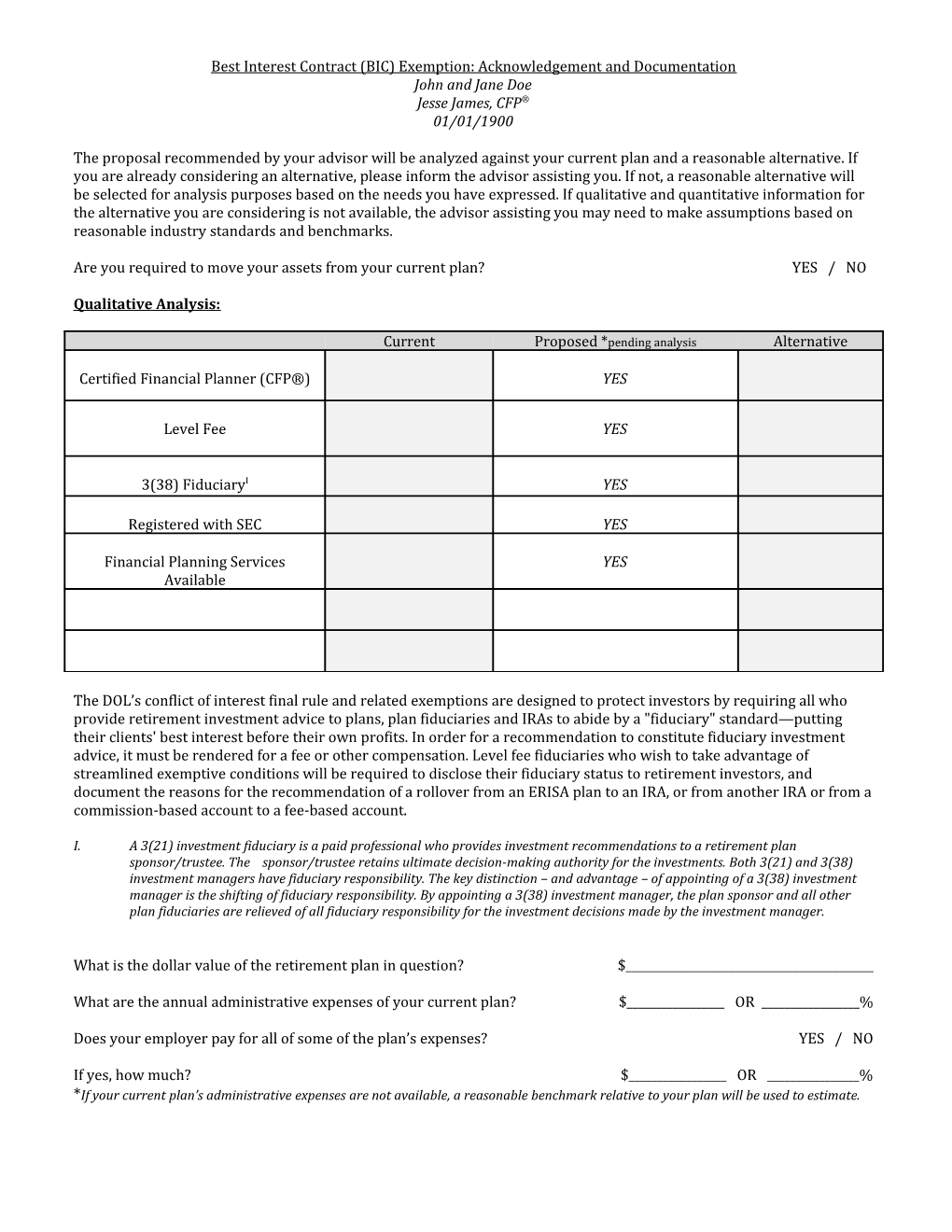 Best Interest Contract (BIC) Exemption: Acknowledgement and Documentation