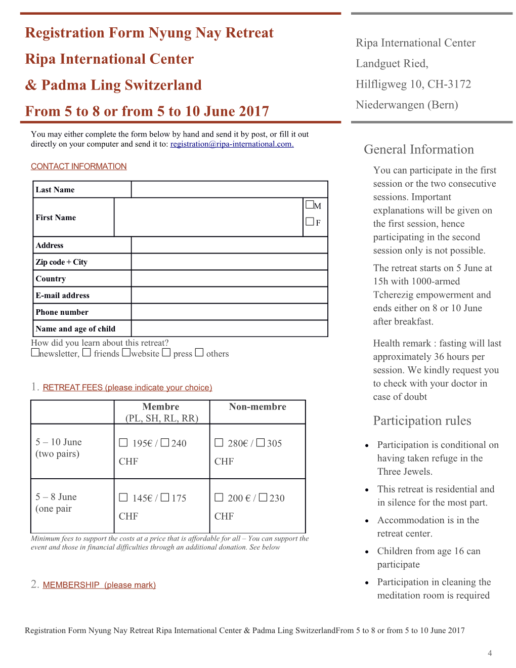 Registration Form Nyung Nay Retreat Ripa International Center & Padma Ling Switzerland