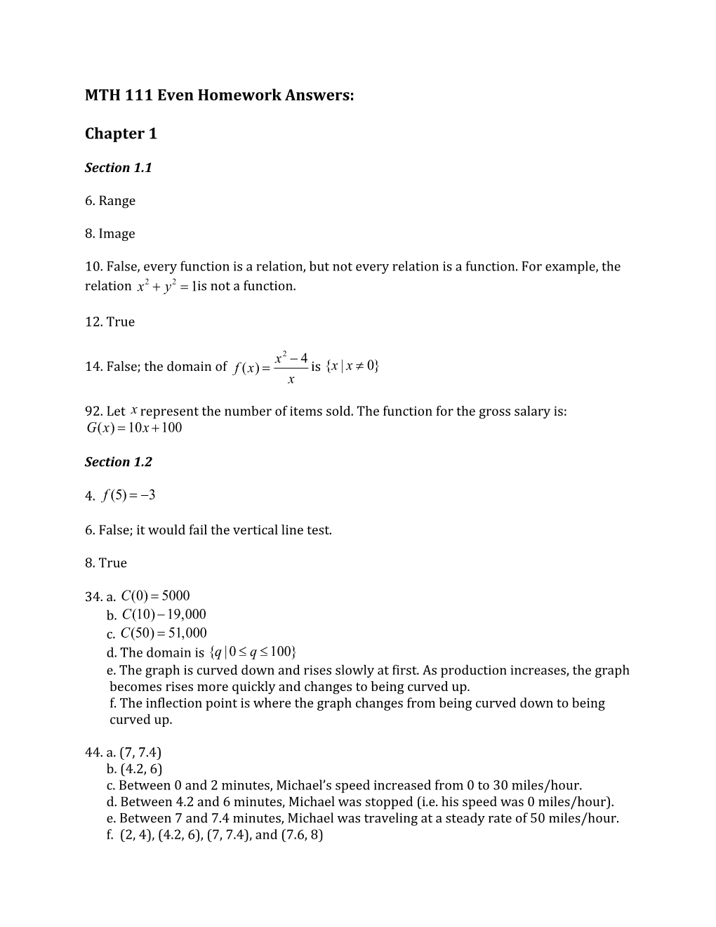 MTH 111 Even Homework Answers