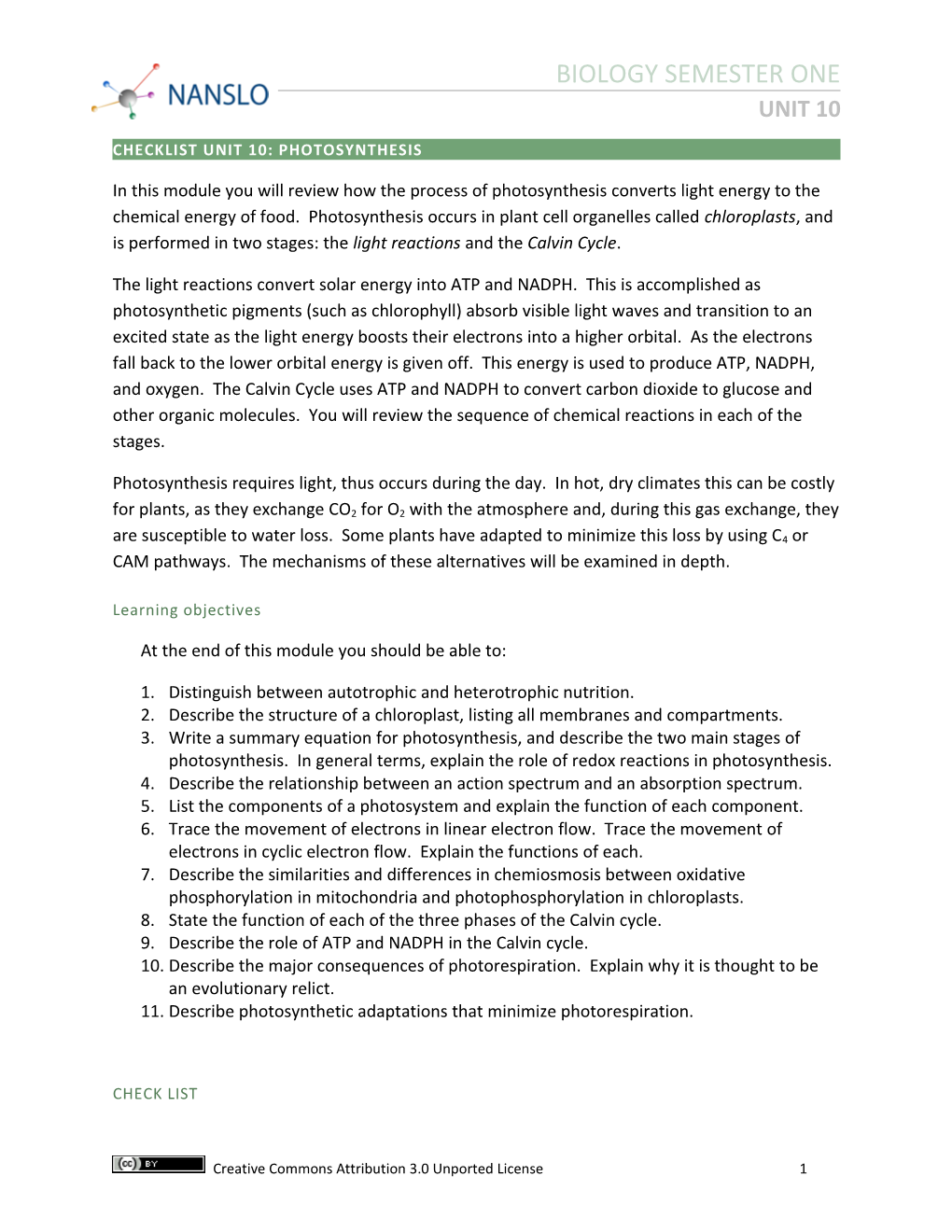 Checklist Unit 10:Photosynthesis