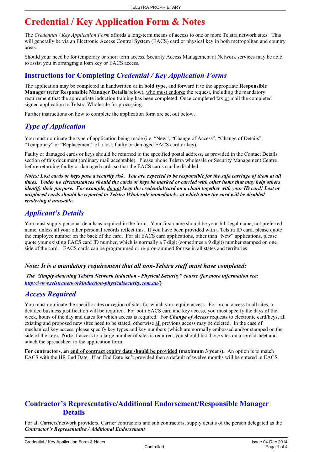 Credential / Key Application Form & Notes