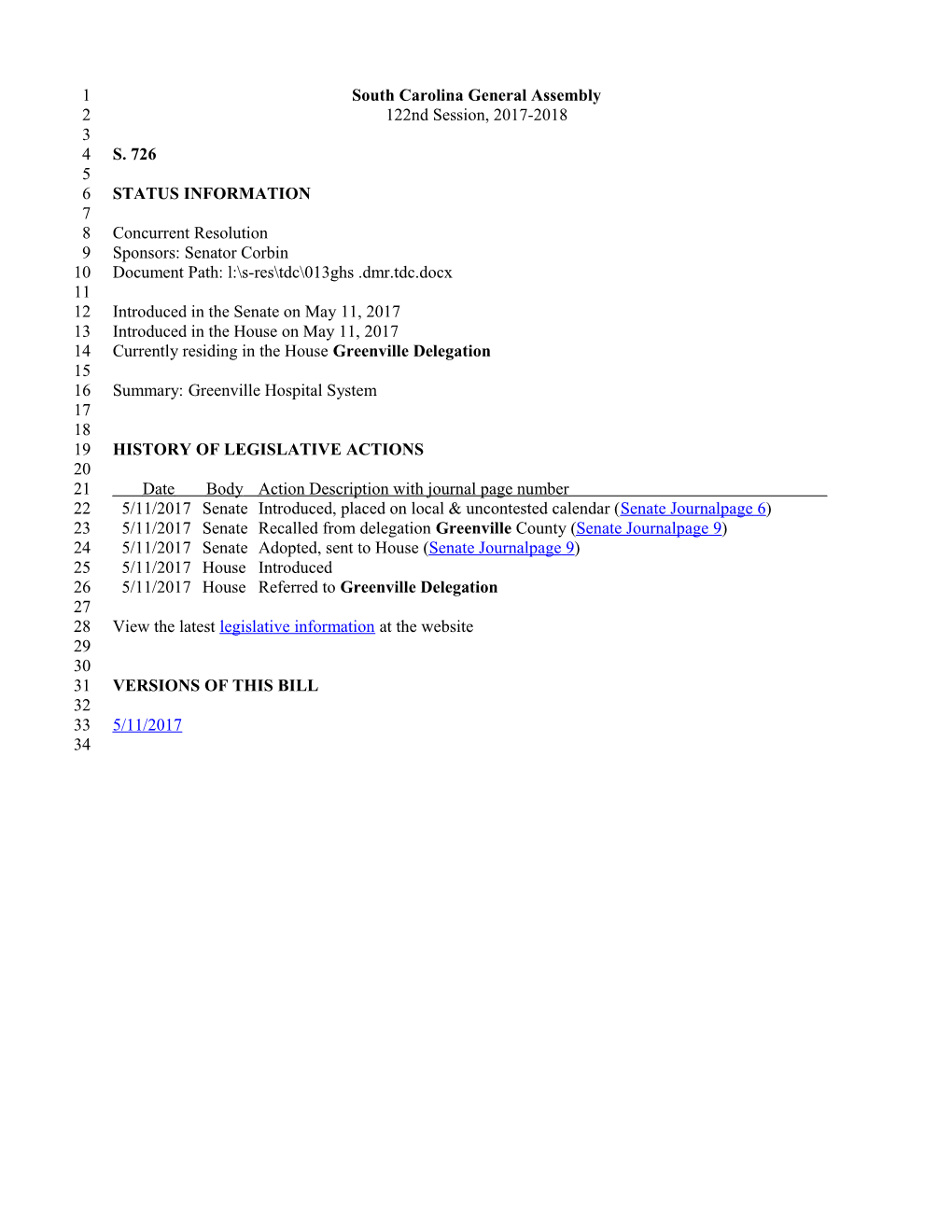 2017-2018 Bill 726: Greenville Hospital System - South Carolina Legislature Online