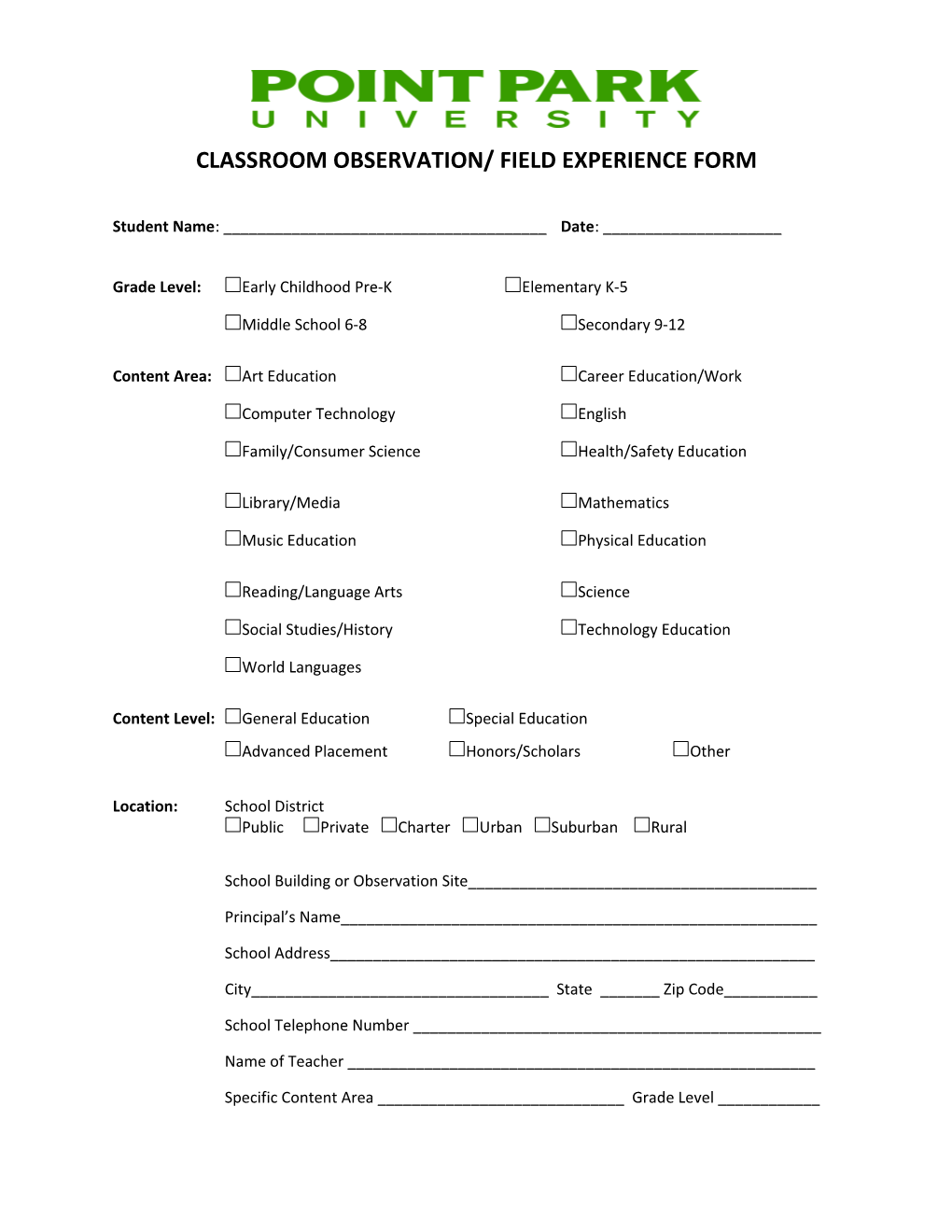 Classroom Observation/ Field Experience Form