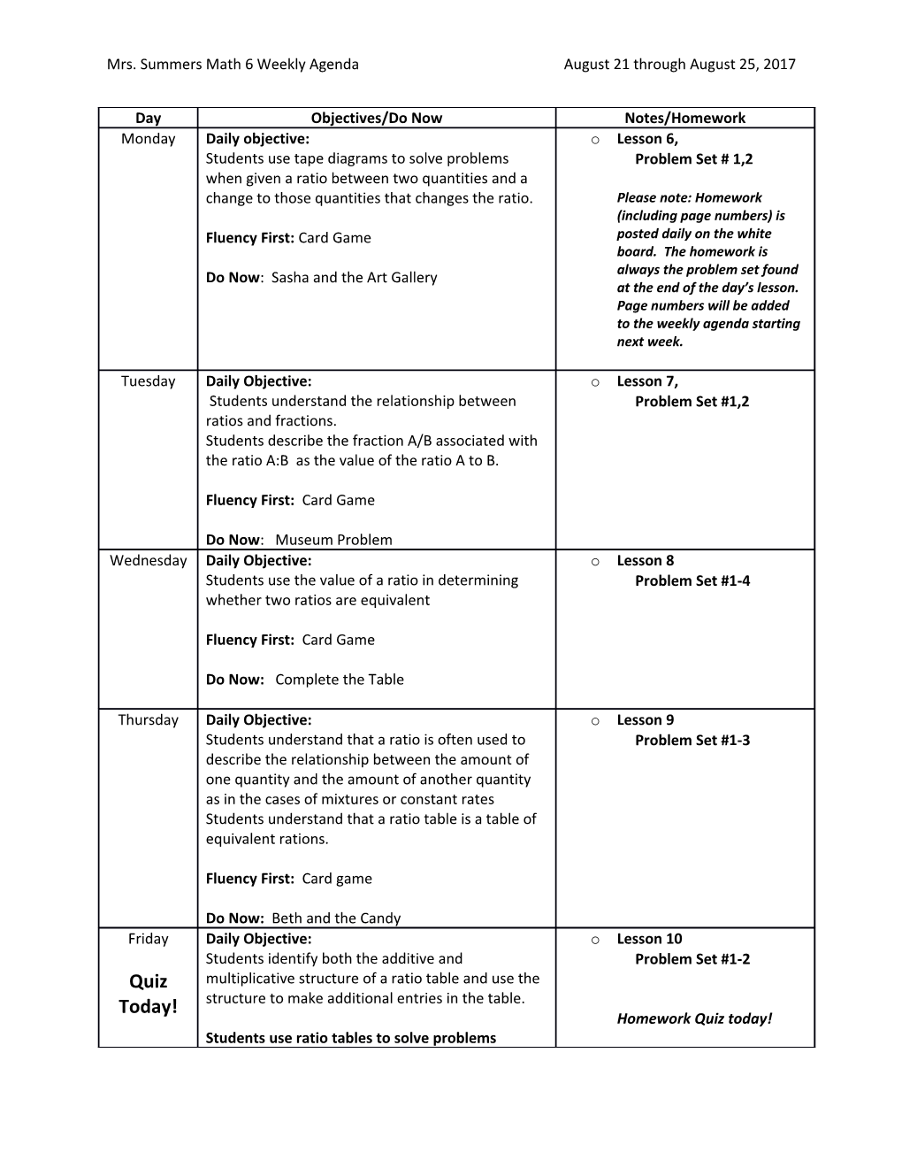 Mrs. Summers Math 6 Weekly Agendaaugust 21 Through August 25, 2017