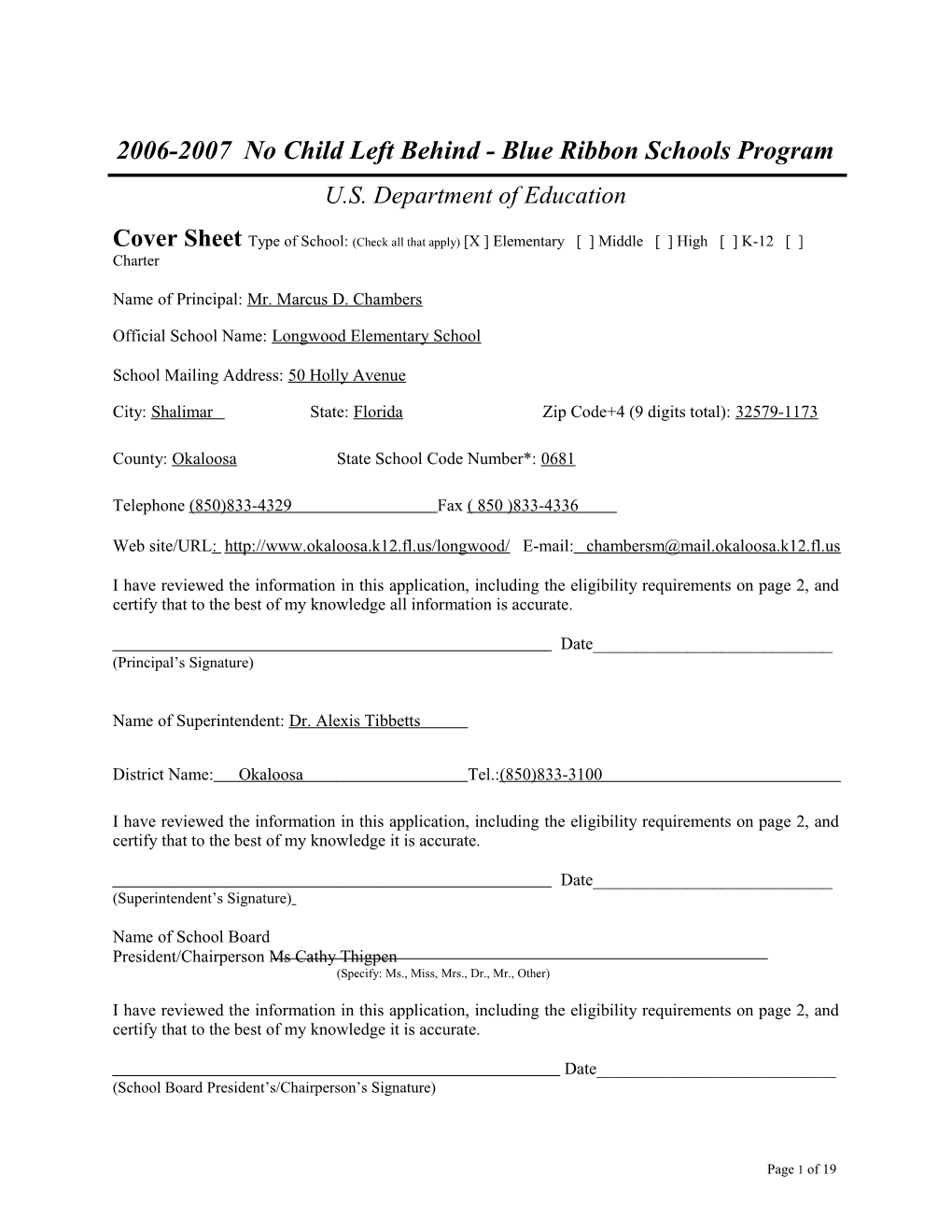 Application: 2006-2007, No Child Left Behind - Blue Ribbon Schools Program (MS Word) s6
