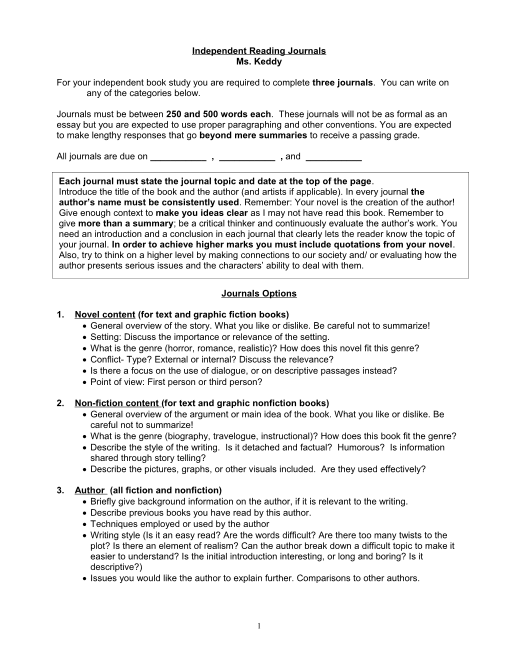 English 12 Independent Novel Journal Responses Ms