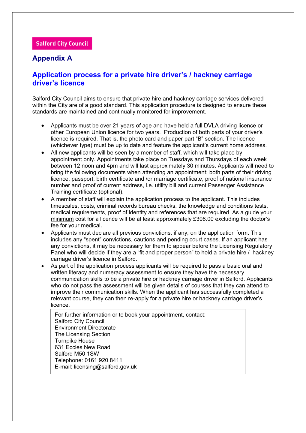 Application Process for a Private Hire Driver S / Hackney Carriage Driver S Licence