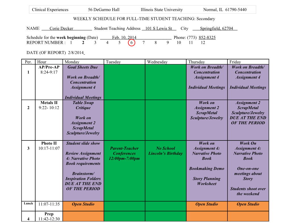 Weekly Schedule for Full-Time Student Teaching