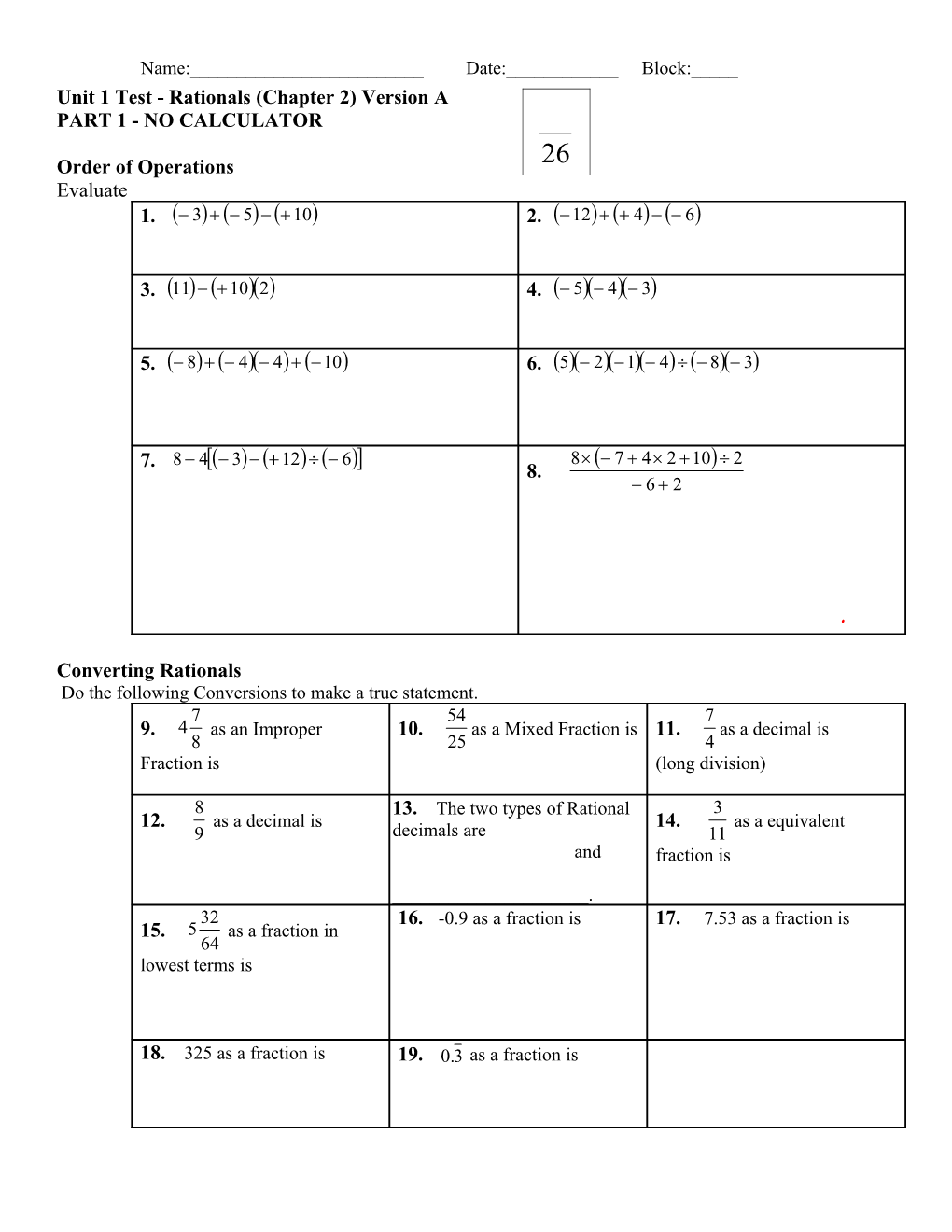 Unit 1 - Rationals (Chapter 2)