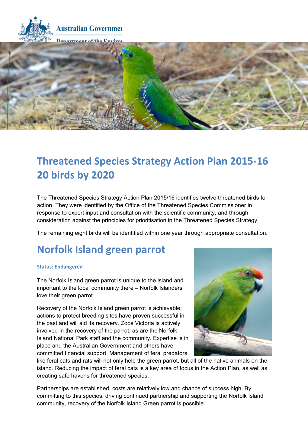 Threatened Species Strategy Action Plan 2015-16 - 20 Birds by 2020